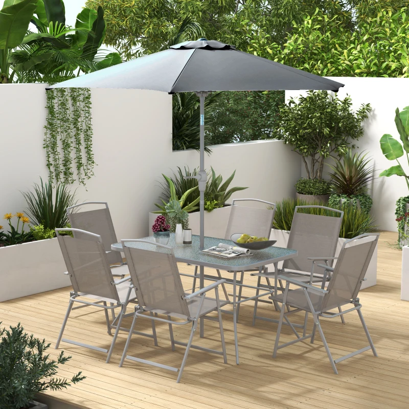 Outsunny 8 Piece Patio Dining Set with Table Umbrella, 6 Folding Chairs and Rectangle Dining Table, Grey