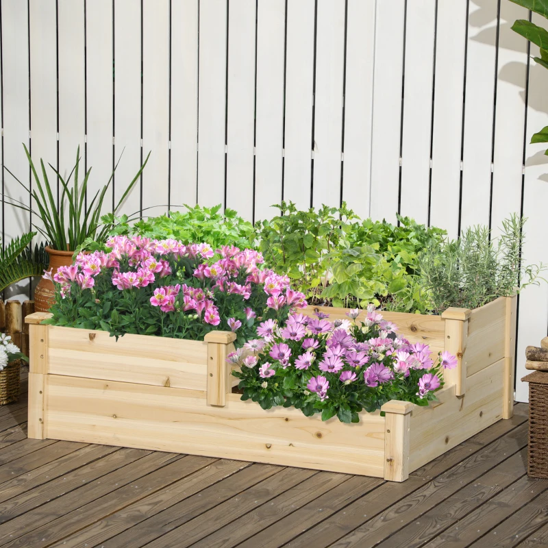 Outsunny 3 Tier Raised Flower Bed Outdoor Planter Box Wooden Garden Bed, Open Bottom for Plants, 42.5"x34.75"x14.25", Natural