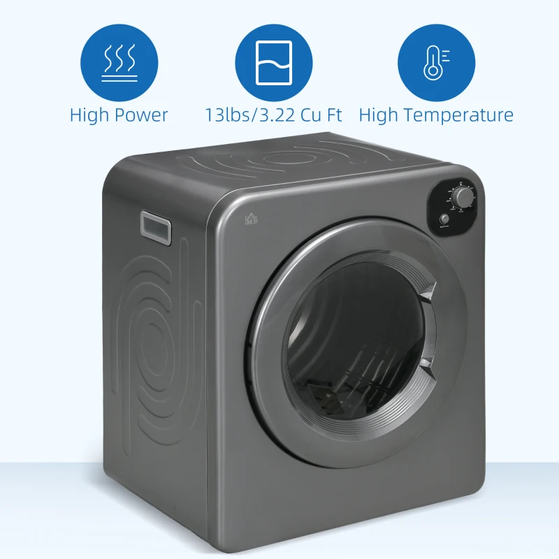 HOMCOM Compact Laundry Dryer Machine, 1300W, 3.22 Cu. Ft. Electric Portable Clothes Dryer with 7 Drying Modes for Apartment or Dorm, Grey