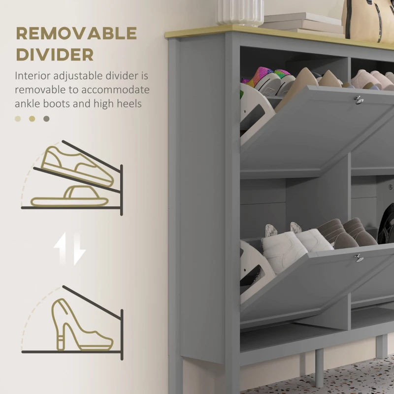 HOMCOM Entryway Shoe Storage Cabinet with 4 Flip Drawers, Adjustable Shelves, Narrow Shoe Cabinet for 20 Pairs of Shoes, Grey