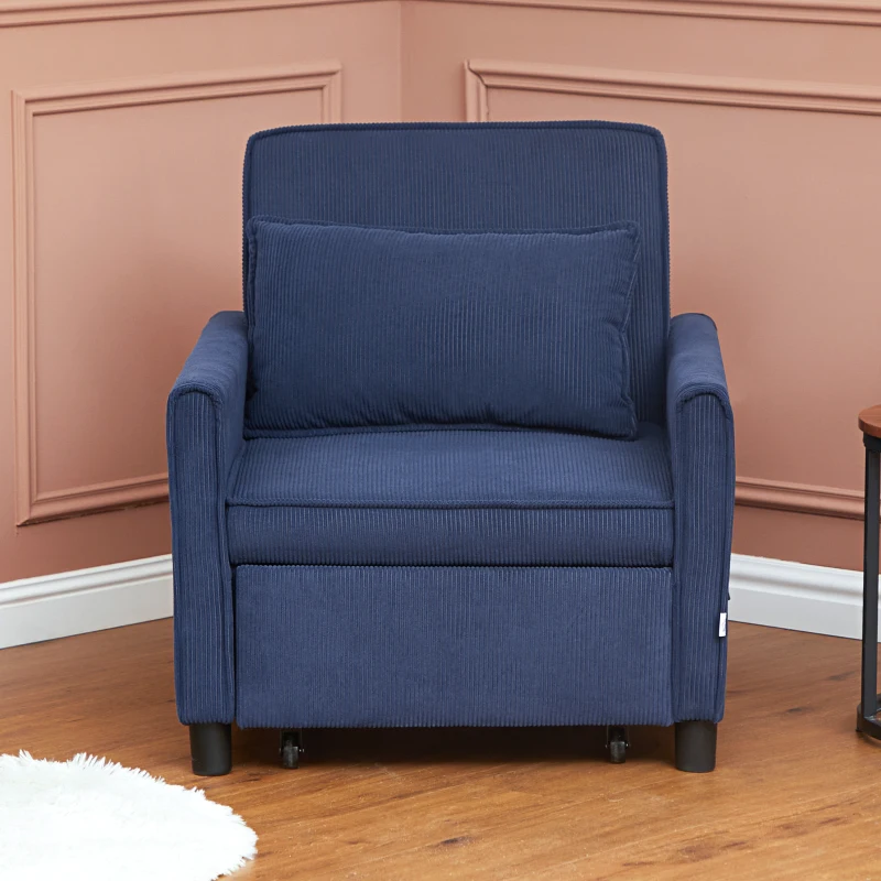 HOMCOM 3-in-1 Convertible Chair Bed, Pull Out Sofa Bed Sleeper Chair with Adjustable Backrest, Pillow, and Pockets, Blue