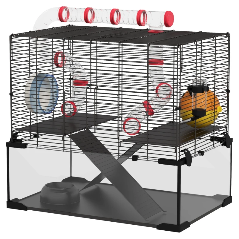 PawHut Hamster Cage with Deep Glass Bottom, Tunnel Tube System, Platforms, Hut, Exercise Wheel, Water Bottle, 24" x 16" x 22"