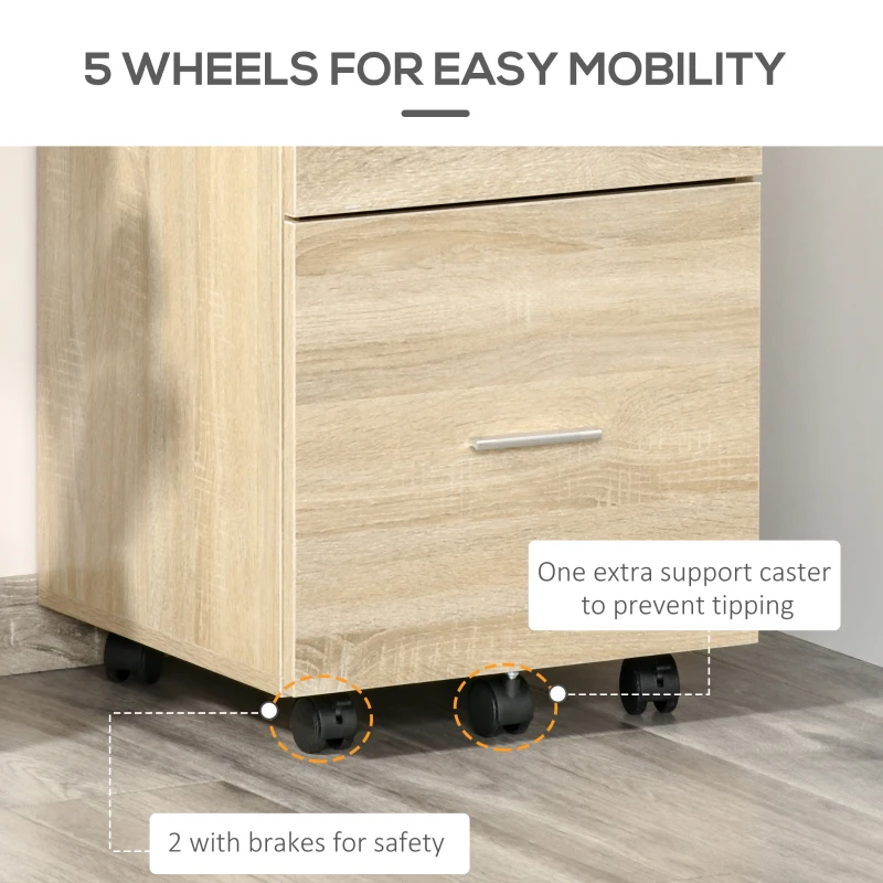 Vinsetto Mobile Filing Cabinet, Vertical File Cabinet with 2 Drawers, Wheels, for Letter or A4 File, Natural