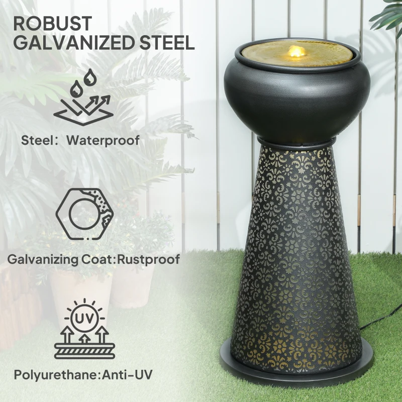 Outsunny 28" Tall Outdoor Water Fountain with LED Lights, Bowl Garden Waterfall Fountain with Adjustable Flow, Outdoor Water Feature with Cut-out Floral Base, Dark Grey and Yellow