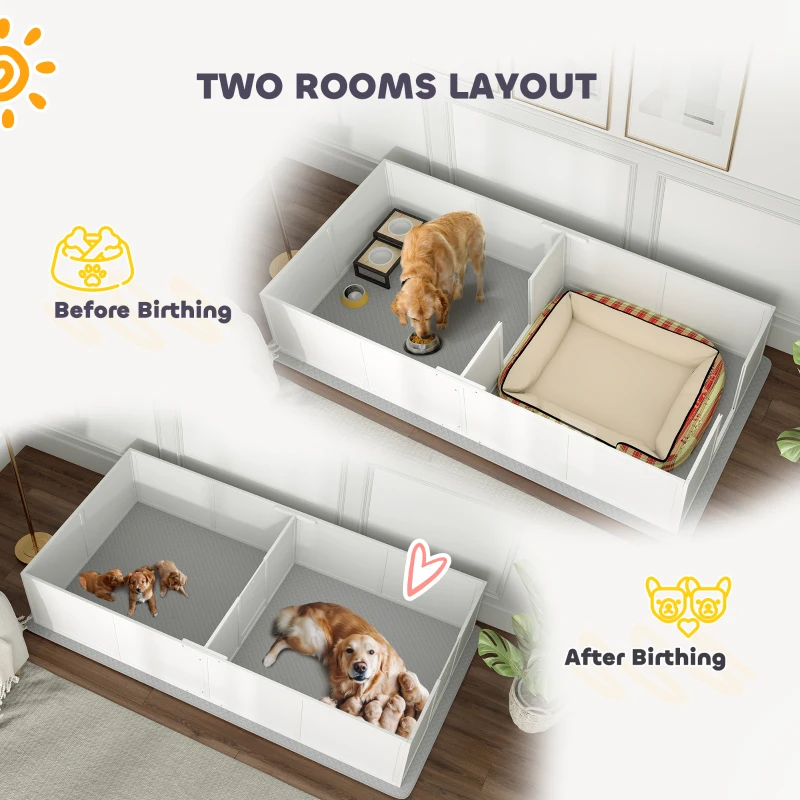 PawHut Whelping Box for Dogs and Puppies w/ Waterproof Pee Pad & Adjustable Door for Large, Medium, Small Dogs,96" x 47" x 19"