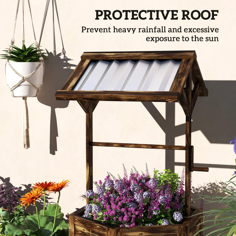 Outsunny Wooden Wishing Well Planter, Raised Garden Bed with Galvanized Canopy, Hexagon Raised Flower Bed for Garden, Tan