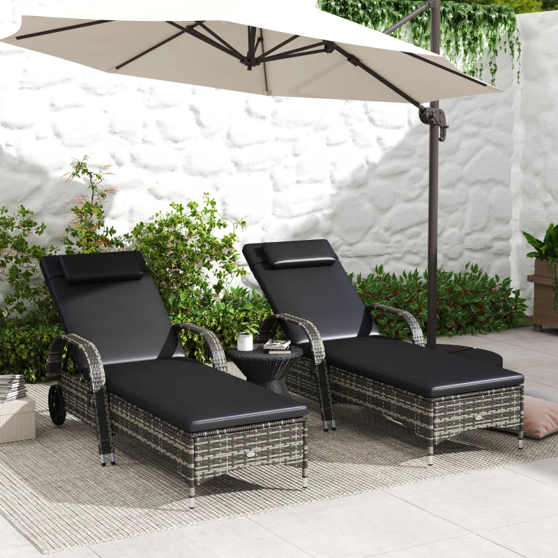 Outsunny 2 Reclining Chaise Lounge Chairs, Rolling Outdoor Chairs with Cushion, Pillow, Headrest, Armrests, and Wheels, Black