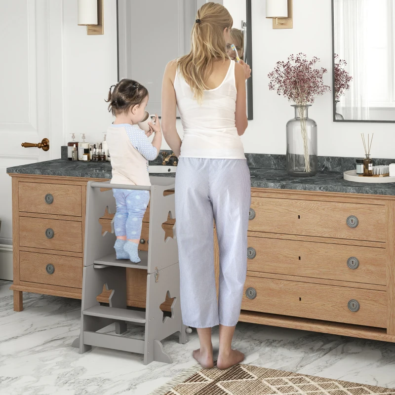 Qaba 2 in 1 Toddler Tower with Safety Rail for Bathroom, Sink, Kitchen or Counter, Gray