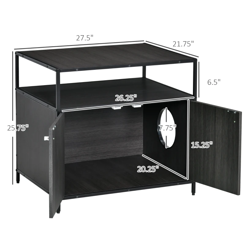 PawHut Wooden Cat Litter Box Enclosure, Hidden Kitten Washroom, Indoor End Table with Magnetic Doors & Storage Shelves, Black