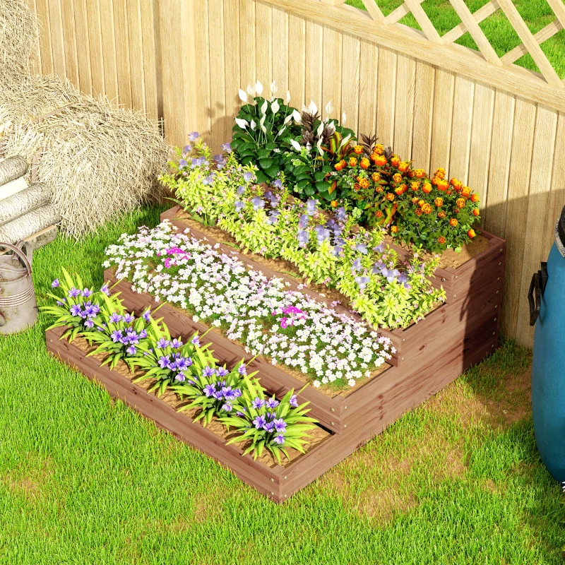 Outsunny 4-Tier Raised Garden Bed, Vertical Wooden Elevated Planter Box Kit with Liner for Vegetable, Flower, Herb, Dark Brown