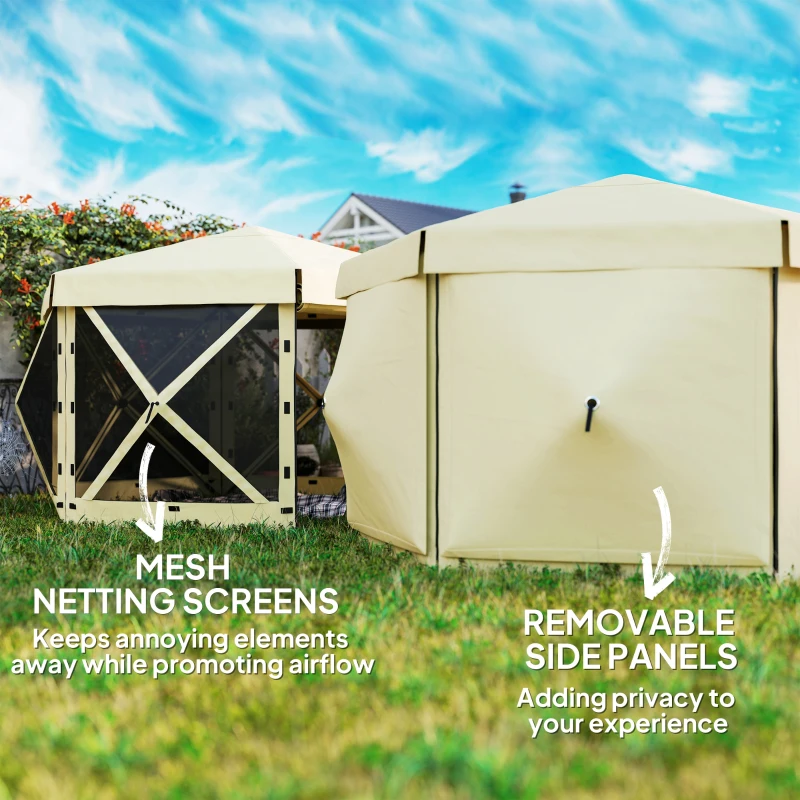 Outsunny 12' x 12' Hexagonal Pop Up Gazebo Canopy Tent with 5 Sidewalls, Outdoor Canopy Shelter with Carry Bag, Beige