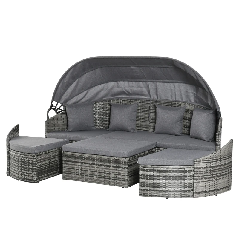 Outsunny 4 Pieces Patio PE Wicker Round Daybed, Outdoor Rattan Garden Lounge Furniture Sets, Grey