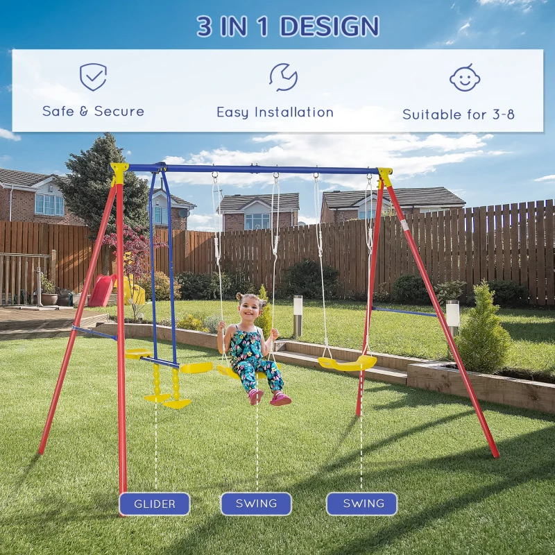 Outsunny Metal Swing Set with Glider, Two Swing Seats and Adjustable Height, Outdoor Heavy Duty A-Frame Suitable for Playground, Backyard, Multi-color
