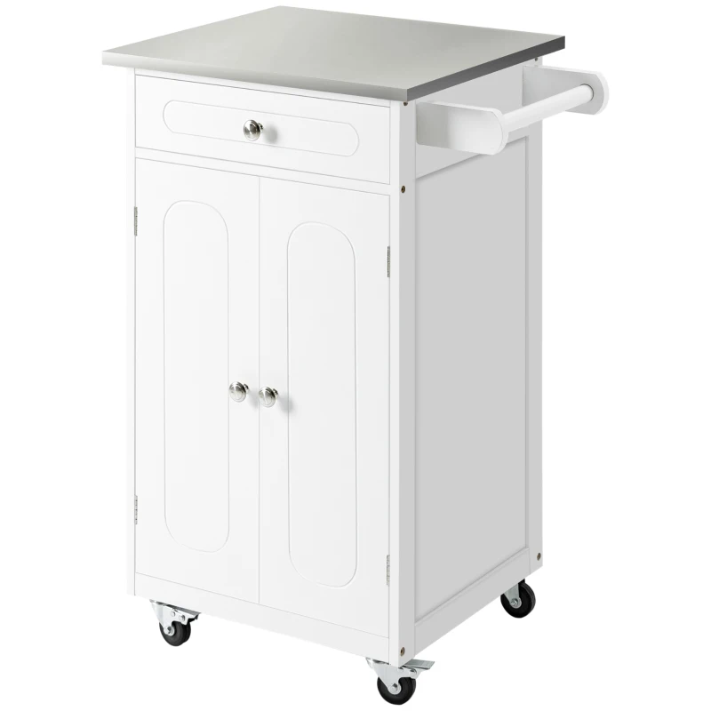HOMCOM Kitchen Cart, Small Kitchen Island, Stainless Steel Top Utility Trolley on Wheels with Storage Drawer for Dining Room, Kitchen (White)