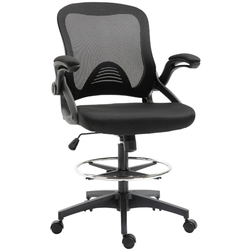 Vinsetto Adjustable Drafting Chair Tall Office Stand-Up Chair with Flip-up Armrest and Foot Ring, 360° Swivel, Black