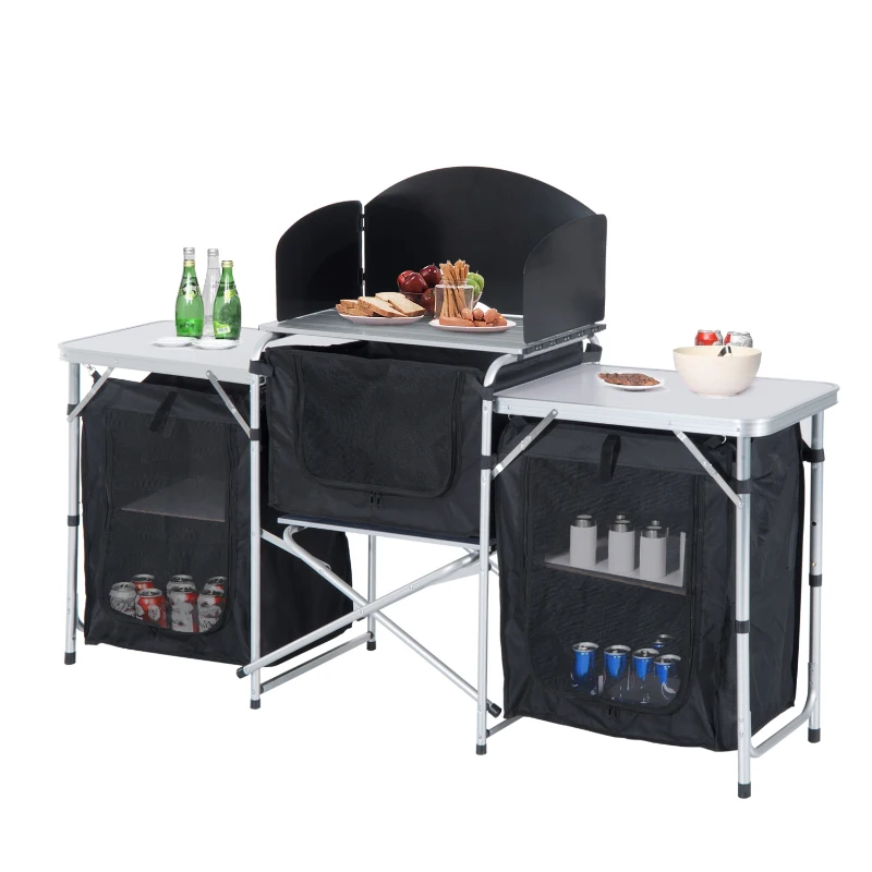 Outsunny Camping Kitchen Table, Aluminum Portable Outdoor Cooking Table, Fold-Up Cook Station with Windscreen and 3 Enclosed Cupboards for BBQ, Party, Picnics, Backyards