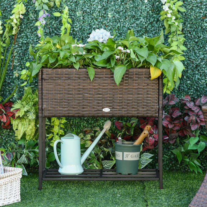 Outsunny Rattan Raised Garden Boxes, Elevated Flower Beds with Storage Shelf for Herbs, Flowers, Vegetables, Brown