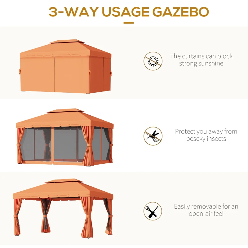 Outsunny 10 x 13ft Aluminum Frame Gazebo Canopy Double Tier Garden Shelter with Netting and Curtains, Orange