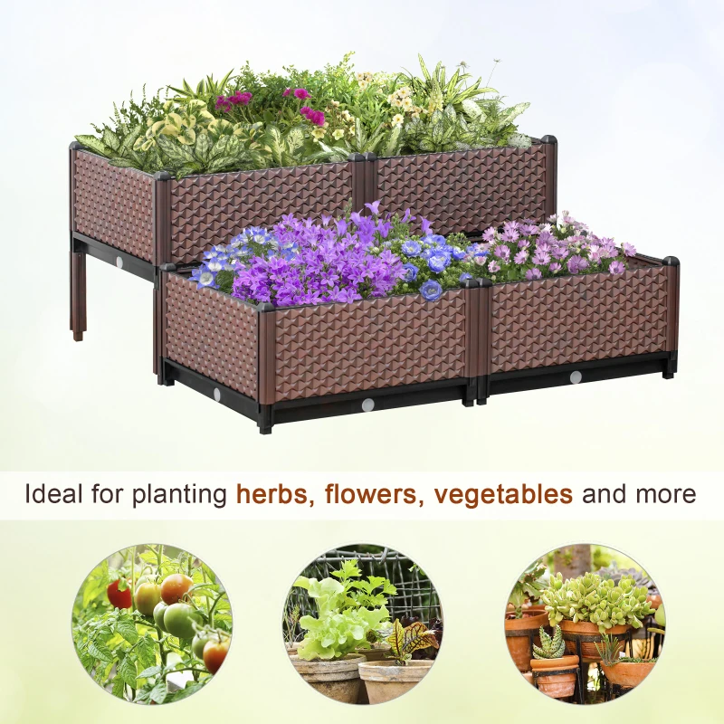 Outsunny Set of 4 Garden Raised Bed Kit, DIY Elevated Planter Box, Flower Vegetables Planting Container with Self-Watering Design and Drainage Holes for Indoor & Outdoor Use
