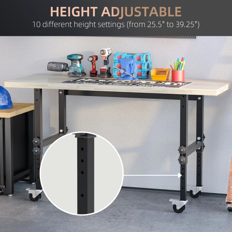 HOMCOM 59" Work Bench with Height Adjustable Legs, Bamboo Tabletop Workstation Tool Table on Wheels for Garage, Weight Capacity 1320 Lbs, Black/Natural