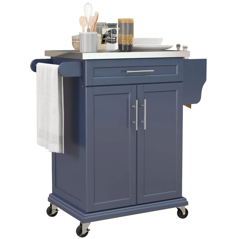HOMCOM Kitchen Island with Wheels, Rolling Kitchen Island with Storage, Stainless Steel Countertop for Dining Room, Deep Blue