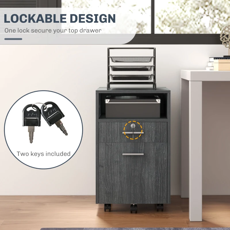 Vinsetto Small Filing Cabinet with 2 Drawers, Lockable Home Office Storage Cabinets on Wheels for A4, Letter Size, Grey