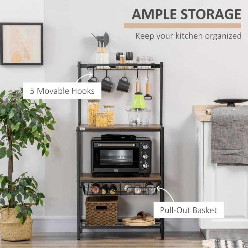 HOMCOM Industrial Multifunctional Kitchen Bakers Rack, Microwave Stand, Coffee Bar Station with Storage Shelves, Wire Basket, 5 Hanging Hooks, Walnut