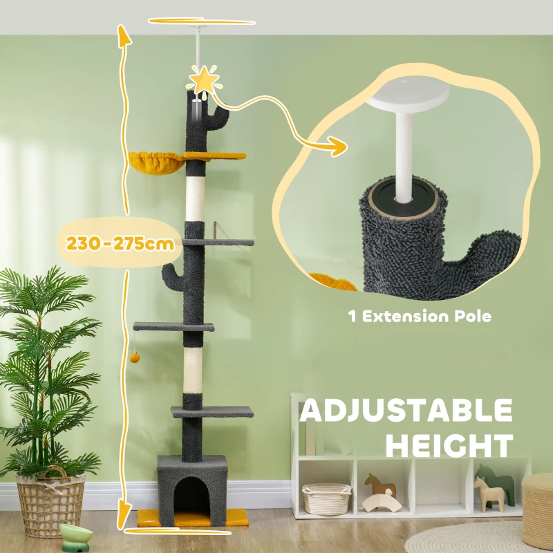 PawHut Floor to Ceiling Cat TreeTower with 90.5"-108" Adjustable Height, Scratching Posts, Hammock, Condo, Toy Ball, Dark Grey