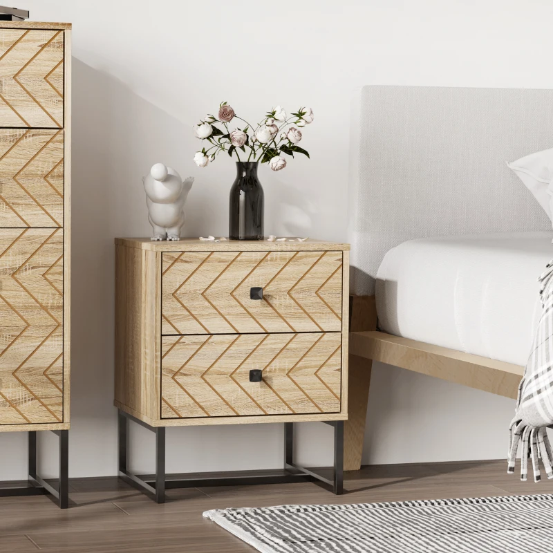 HOMCOM Modern Nightsta, Bedside Table with Drawers, Side End Table with Metal Legs for Bedroom, Zig Zag Design, Natural