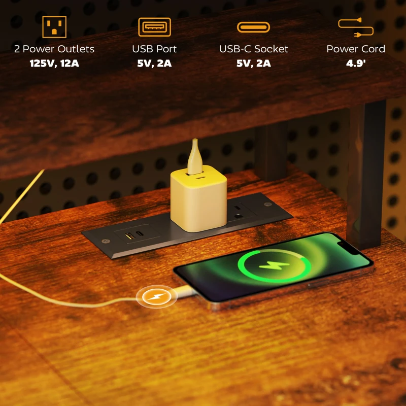 HOMCOM Computer Desk with Storage, 47" Reversible Computer Table with Power Outlets and LED Lights, Rustic Brown