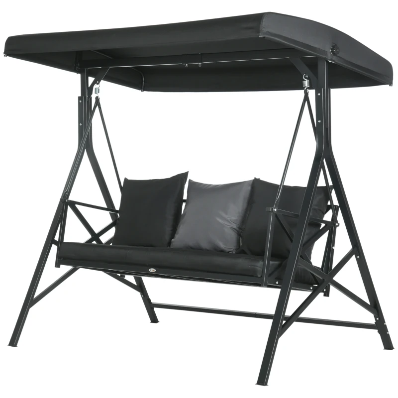 Outsunny 3-Seat Patio Swing Chair, Porch Swing Glider with Cushion, 3 Throw Pillows & Adjustable Canopy for Porch, Garden, Poolside, Backyard, Black