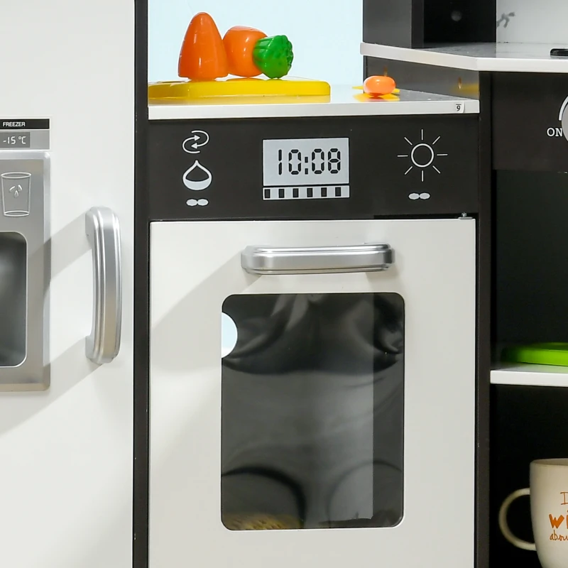 Qaba Play Kitchen Set for Kids w/ Apron and Chef Hat, Ice Maker Brown