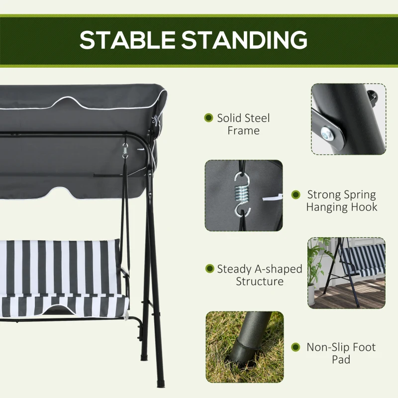 Outsunny 3-Seat Outdoor Patio Swing Chair w/ Cushion, Steel Frame Stand, Adjustable Tilt Canopy for Patio, Garden, Gray & White