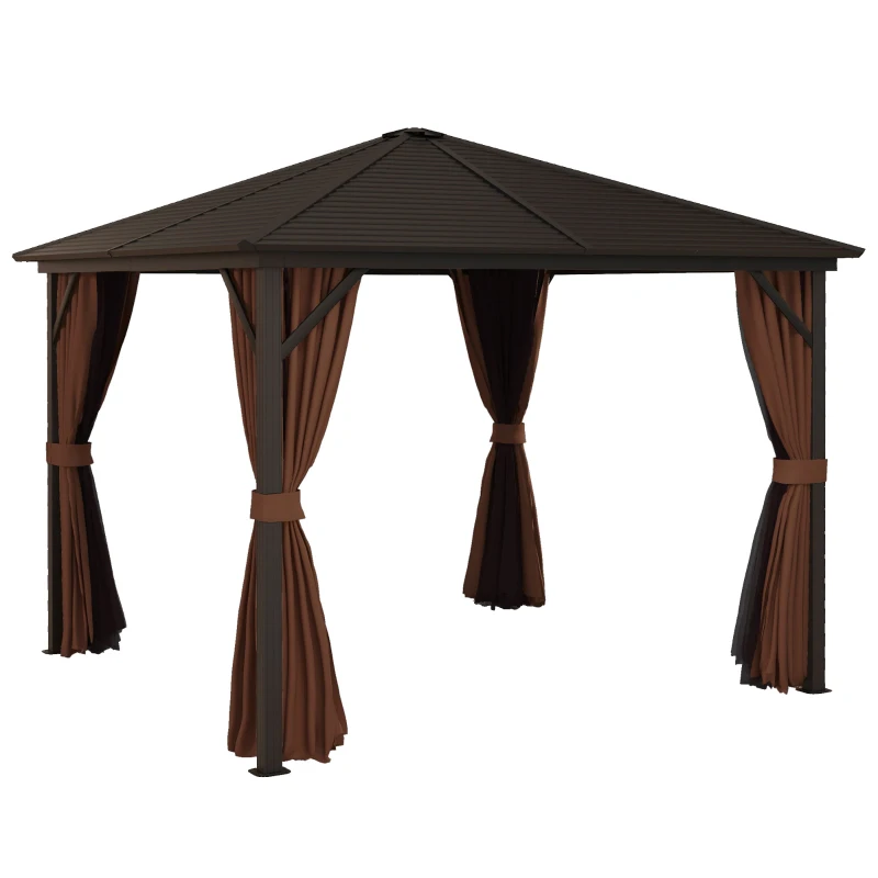 Outsunny 10' x 10' Hardtop Gazebo Canopy, Permanent Pavilion with Hook, Curtains, Aluminum Frame for Patio, Garden, Dark Brown