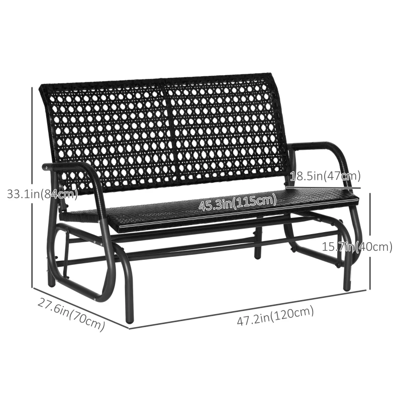 Outsunny 2 Seater Wicker Outdoor Glider Bench, Patio Swing Garden Bench, Garden Loveseat Rocking Chair, w/ Extra Wide Seat, Curved Backrest for Backyard, Poolside, Lawn, Black