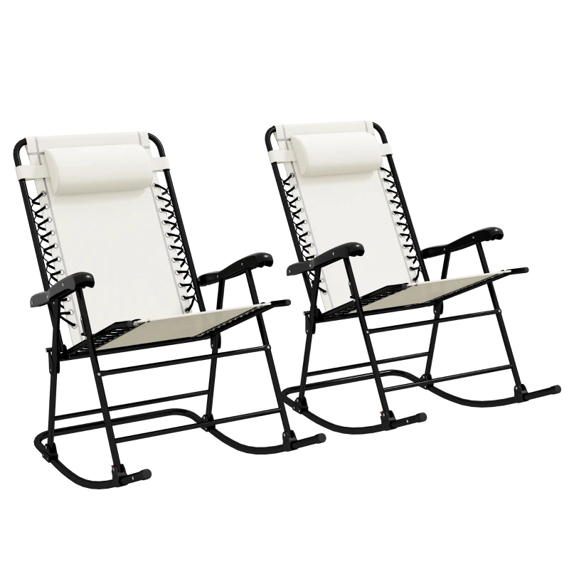 Outsunny 2pc Patio Foldable Rocking Chair Set w/ Breathable Mesh Seat & Backrest, Headrest for Park, Backyard, Garden, Cream