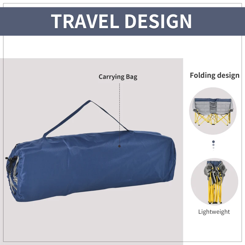 Outsunny 62" W Double Seat Camping Chair Folding Lawn Loveseat w/ Storage Pocket & Cup Holder Compact in a Bag for Outdoor, Beach, Picnic, Hiking, Travel, Navy Blue