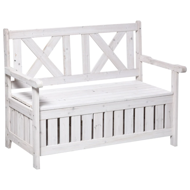 Outsunny Wooden Outdoor Storage Bench 2-Person Backyard Patio Bench with Louvered Side Panels & Wood Build, White