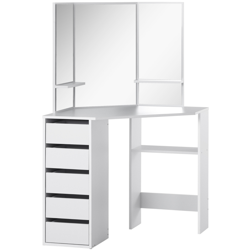 HOMCOM Corner Dressing Table, Makeup Desk with 3-piece Mirror and 5 Drawers, White