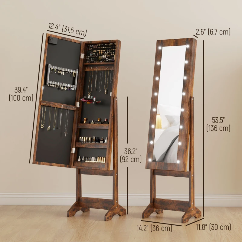 HOMCOM Free Standing Armoire Organizer, Lighted Mirrored Jewelry Cabinet w/ Angle Adjustable & 16 LED Lights Rustic Brown