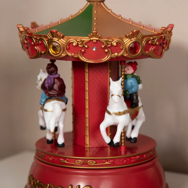 HOMCOM Carousel Music Box with LED Light, Figurine, 3-Horse Musical Carousel, Battery Operated Merry Go Round for Anniversary Birthday Christmas