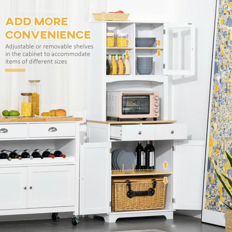 HOMCOM Freestanding 67" Kitchen Buffet with Hutch, Pantry Cabinet with Microwave Stand, Adjustable Shelf, 2 Drawers, Cupboard, White