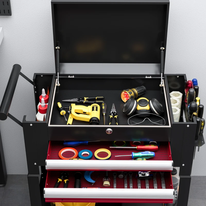 HOMCOM Tool Cart on Wheels Service Cart with 2 Drawers Tray Lockable Flip Top Storage for Garage Warehouse Workshop Black