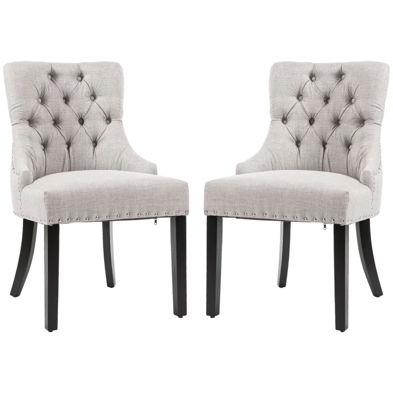 HOMCOM Swoop Air Linen Fabric Dining Chair Set of 2 with Nailhead Trim and Wood Legs,  Light Grey