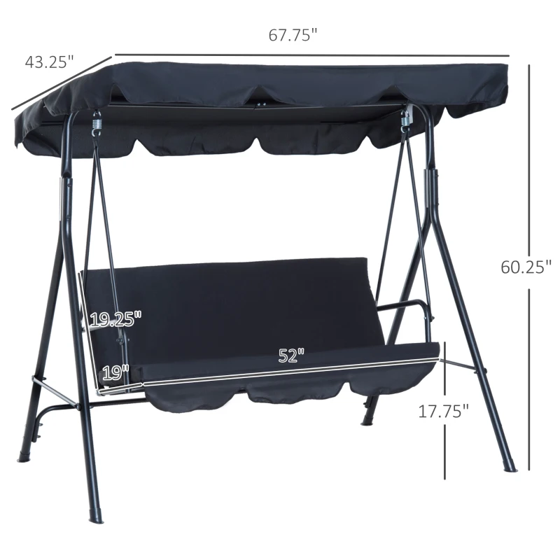 Outsunny Metal 3-Seater Porch Swing with Stand Outdoor Patio Swing with Canopy Cushioned Garden Lounger Black