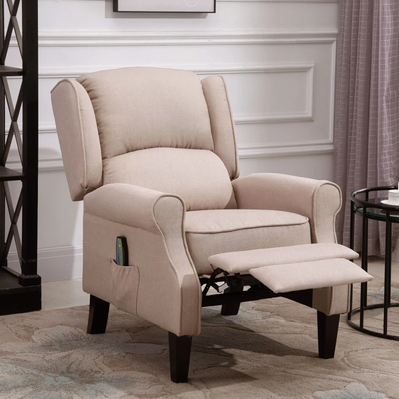 HOMCOM Vibration Massage Recliner Chair for Living Room with Heat,  Wingback Single Sofa, Modern Linen Fabric Push Back Reclining Chair with Footrest, Side Pocket, Dark Beige