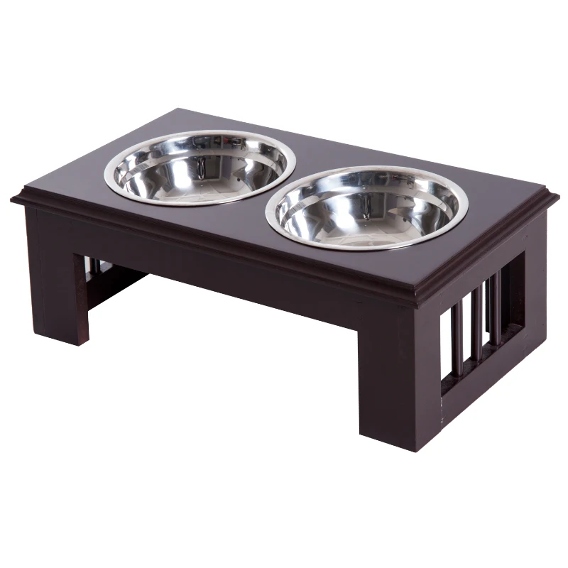 PawHut 6" Height Small Puppy Dog Feeding Station for Messy Pets, Stainless Steel Elevated Dog Bowls with Modern Wooden Frame, Dog Food Stand Pet Feeding Station, Dark Brown