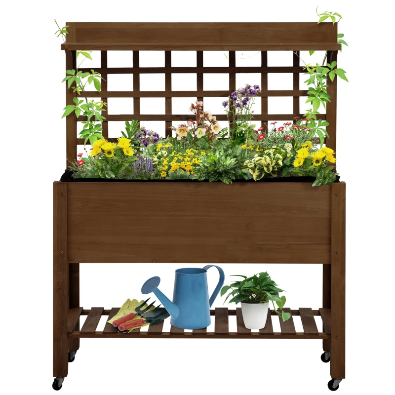 Outsunny 41" Raised Garden Bed Mobile Elevated Wooden Planter Box Stand with Wheels, Trellis and Storage Shelf, Dark Brown
