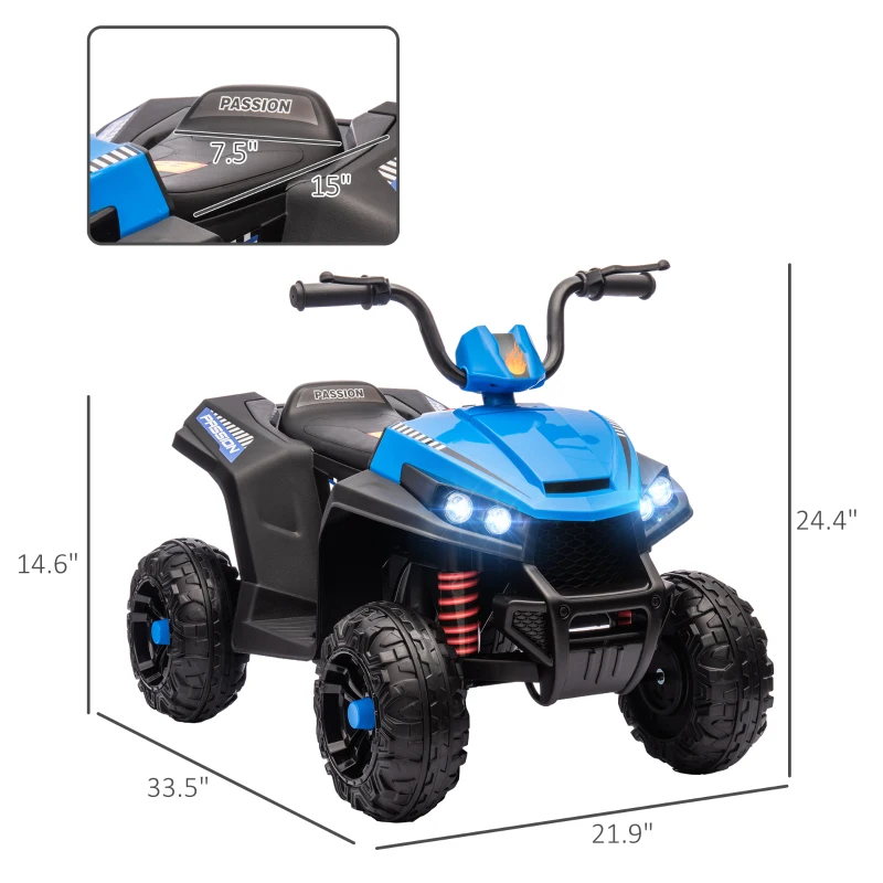 Qaba 12V Kids ATV with Spring Suspension, Forward & Reverse, LED Lights, Music, MP3, Blue