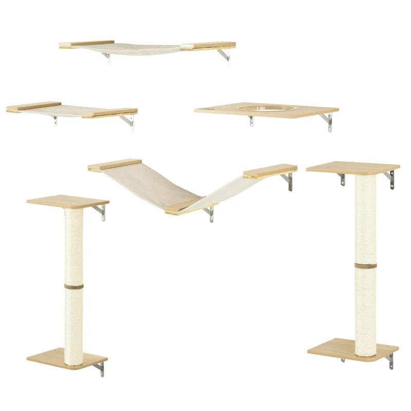 PawHut 6PCs Cat Wall Shelves Pet Wall-mounted Climbing Shelf Set with Scratching Posts Jumping Platforms Ladder Oak